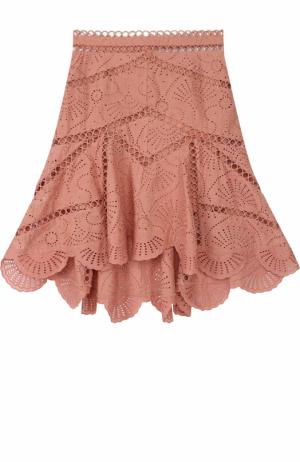 Кружевная юбка-миди асимметричного кроя Zimmermann. Цвет: розовый