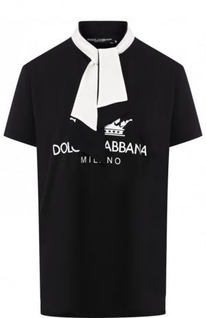 Футболка из смеси хлопка и шелка с воротником аскот Dolce & Gabbana. Цвет: черный