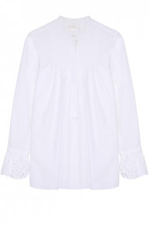 Хлопковая блуза свободного кроя с кружевной отделкой Chloé. Цвет: белый