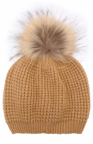 Кашемировая шапка фактурной вязки с меховым помпоном Kashja` Cashmere. Цвет: темно-бежевый