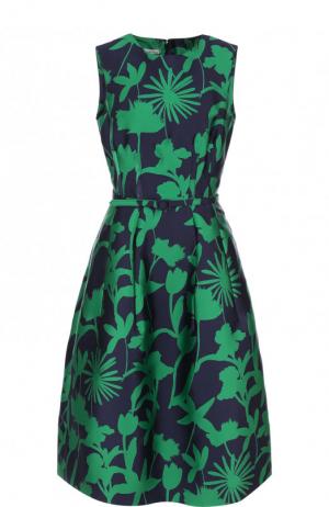 Приталенное платье-миди с принтом и поясом Oscar de la Renta. Цвет: зеленый