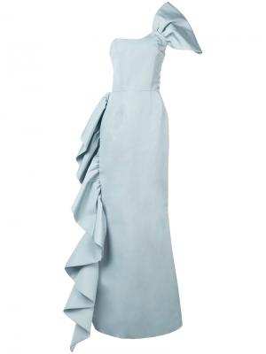 Вечернее платье на одно плечо с оборками Christian Siriano. Цвет: синий