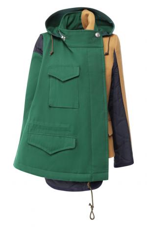 Хлопковая куртка асимметричного кроя Sacai. Цвет: зеленый