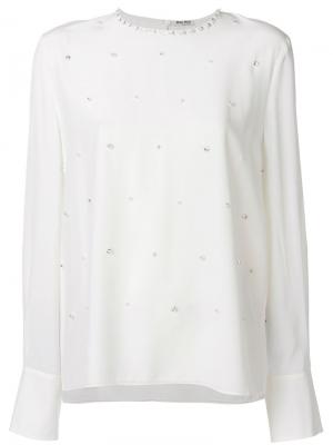Блузка с жемчугом и кристаллами Miu. Цвет: белый
