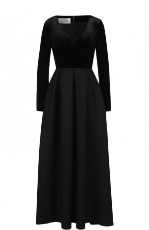 Приталенное платье-миди из смеси шерсти и шелка с глубоким вырезом Valentino. Цвет: черный