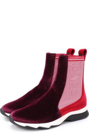 Высокие бархатные кроссовки на контрастной подошве Fendi. Цвет: бордовый