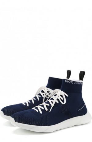 Высокие текстильные кроссовки на шнуровке Dior. Цвет: темно-синий