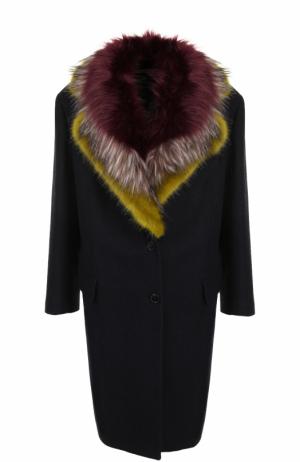 Шерстяное пальто с меховой отделкой воротника Dries Van Noten. Цвет: темно-синий