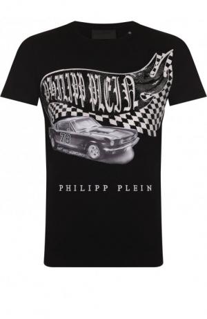 Хлопковая футболка с прнитом и отделкой Philipp Plein. Цвет: черный