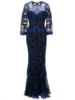 Ажурное вязаное вечернее платье с вышивками Marchesa Notte. Цвет: синий