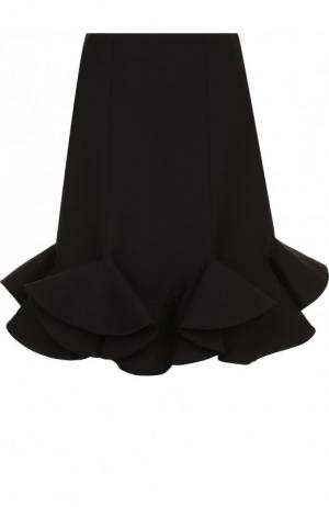 Однотонная мини-юбка из смеси шерсти и шелка с оборками Valentino. Цвет: черный