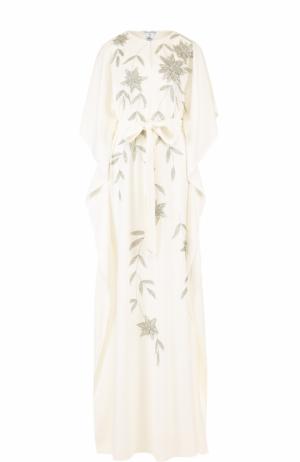 Шелковое платье-макси с поясом и контрастной отделкой Oscar de la Renta. Цвет: белый
