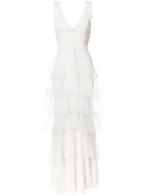 Многослойное кружевное платье Marchesa Notte. Цвет: белый