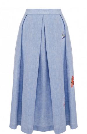 Хлопковая юбка-миди с вышивкой в виде бабочек Van Laack. Цвет: синий