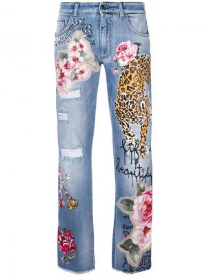 Прямые джинсы с заплатками принтом Dolce & Gabbana. Цвет: синий