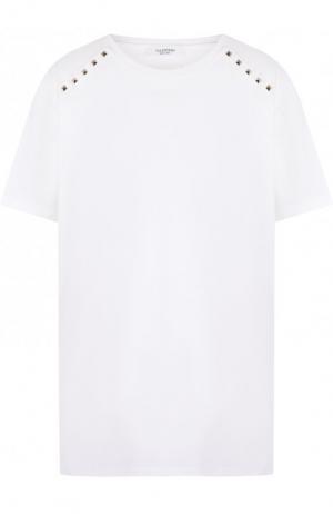 Хлопковая футболка с круглым вырезом и декоративной отделкой Valentino. Цвет: белый