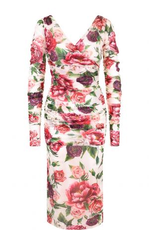 Шелковое платье-миди с V-образным вырезом и принтом Dolce & Gabbana. Цвет: разноцветный