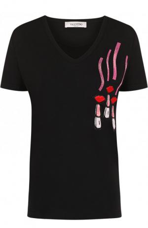 Хлопковая футболка с круглым вырезом и контрастной отделкой Valentino. Цвет: черный