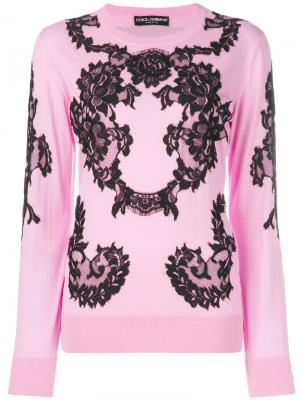 Джемпер с кружевной аппликацией Dolce & Gabbana. Цвет: розовый и фиолетовый